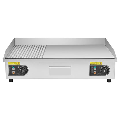 VEVOR Commercial Electric Griddle, 28.54 x 15.75 in, 2800W, 122-570°F Adjustable Temp Control, Stainless Steel, Half Grooved Half Flat, with 2 Spatulas, 2 Brushes, and 4 Foot Pads, for Steak(NO PLUG) - View 9