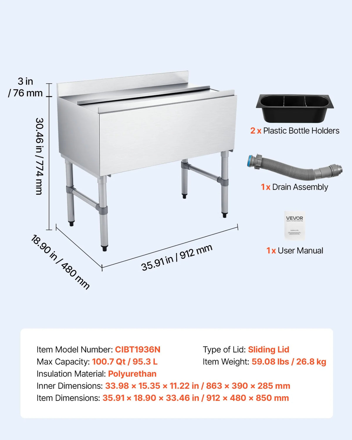 VEVOR Commercial Ice Bin, 100.7 Qt Max Capacity, 36 x 19 x 33 Inch Stainless Steel Ice Chest with Sliding Lid and Bottle Holders, Cooler Cart Cocktail Unit for Bar Restaurant Pub, NSF Certified - View 6