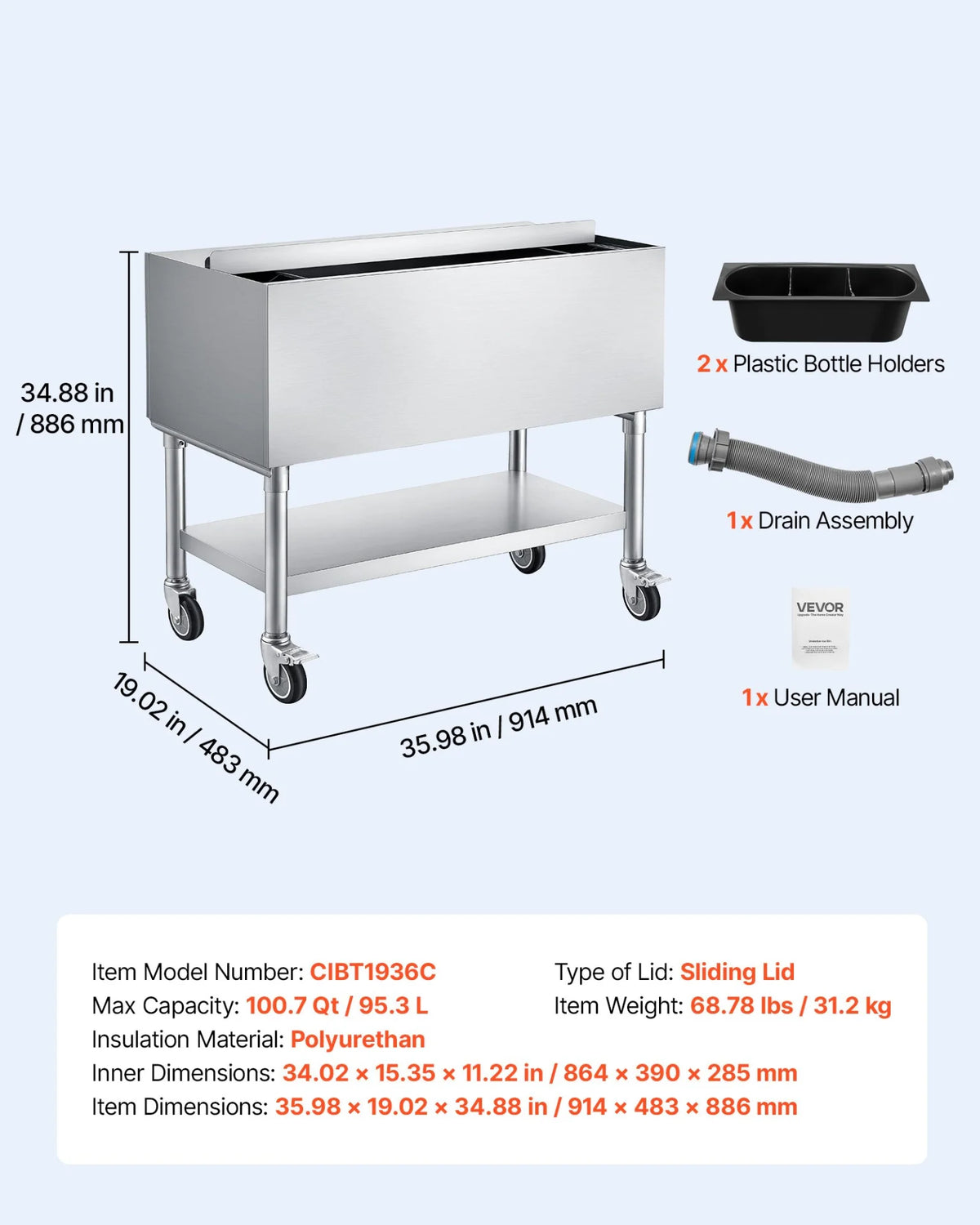 VEVOR Commercial Ice Bin, 100.7 Qt Max Capacity, 36 x 19 x 35 Inch Stainless Steel Ice Chest with Sliding Lid and Bottle Holders, Cooler Cart Cocktail Unit for Bar Restaurant Pub, NSF Certified - View 6