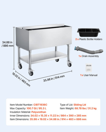 VEVOR Commercial Ice Bin, 100.7 Qt Max Capacity, 36 x 19 x 35 Inch Stainless Steel Ice Chest with Sliding Lid and Bottle Holders, Cooler Cart Cocktail Unit for Bar Restaurant Pub, NSF Certified - View 6