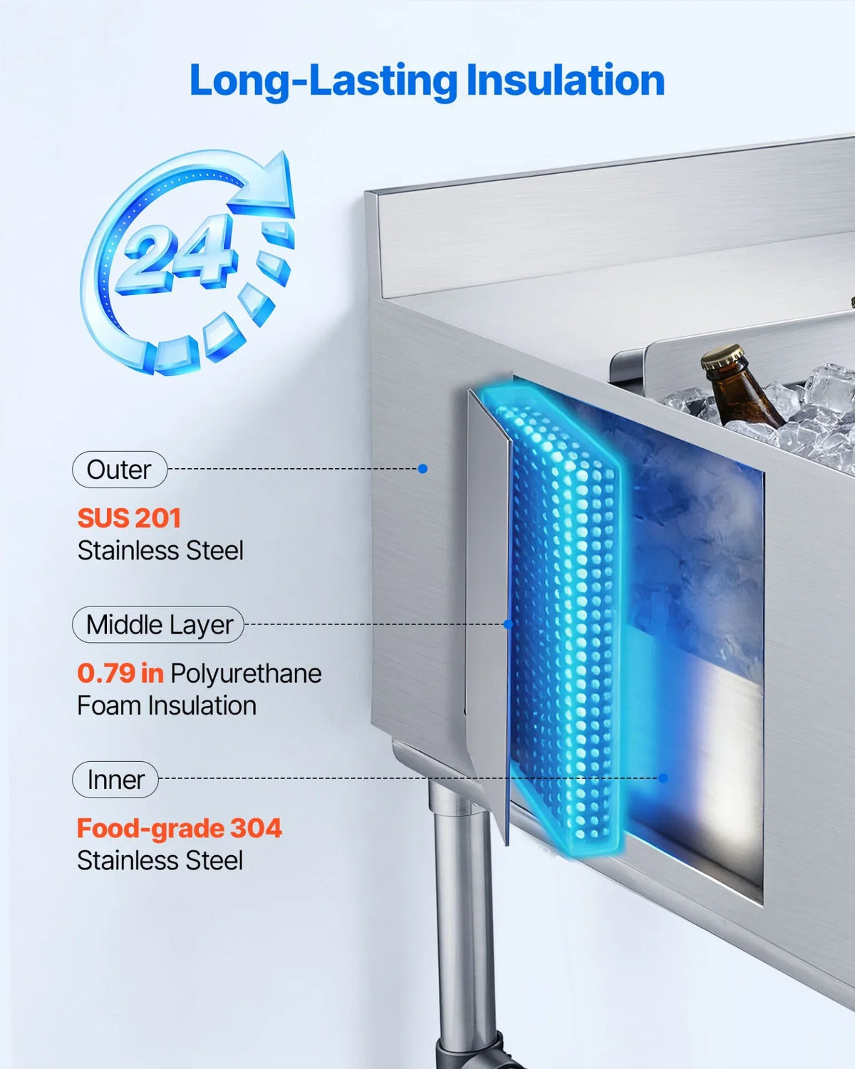 VEVOR Commercial Ice Bin, 134.7 Qt Max Capacity, 36 x 24 x 33 Inch Stainless Steel Ice Chest with Sliding Lid, 24H Long-Lasting Insulation, Cooler Cart Cocktail Unit for Bar Restaurant Pub, NSF - View 2