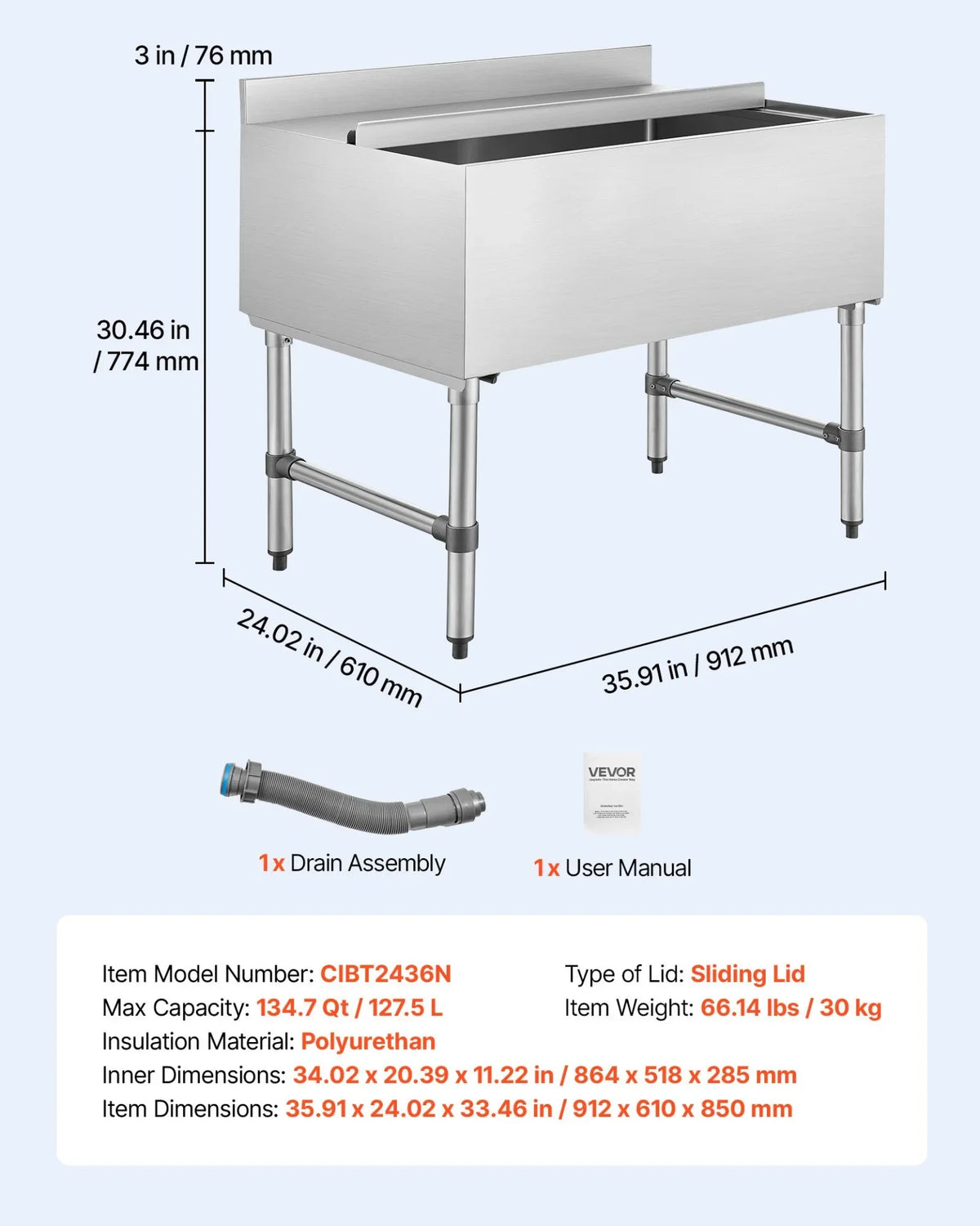 VEVOR Commercial Ice Bin, 134.7 Qt Max Capacity, 36 x 24 x 33 Inch Stainless Steel Ice Chest with Sliding Lid, 24H Long-Lasting Insulation, Cooler Cart Cocktail Unit for Bar Restaurant Pub, NSF - View 6