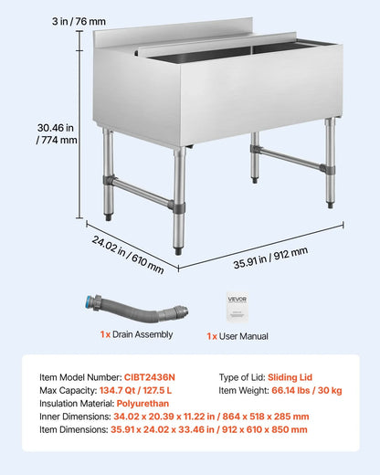 VEVOR Commercial Ice Bin, 134.7 Qt Max Capacity, 36 x 24 x 33 Inch Stainless Steel Ice Chest with Sliding Lid, 24H Long-Lasting Insulation, Cooler Cart Cocktail Unit for Bar Restaurant Pub, NSF - View 6