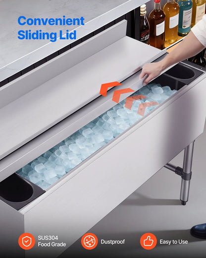 VEVOR Commercial Ice Bin, 137.4 Qt Max Capacity, 48 x 19 x 33 Inch Stainless Steel Ice Chest with Sliding Lid and Bottle Holders, Cooler Cart Cocktail Unit for Bar Restaurant Pub, NSF Certified - View 5