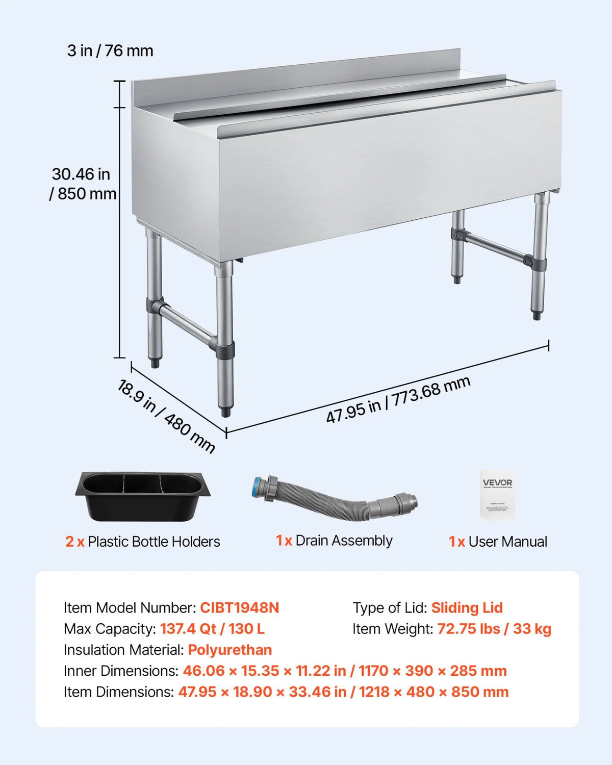 VEVOR Commercial Ice Bin, 137.4 Qt Max Capacity, 48 x 19 x 33 Inch Stainless Steel Ice Chest with Sliding Lid and Bottle Holders, Cooler Cart Cocktail Unit for Bar Restaurant Pub, NSF Certified - View 6