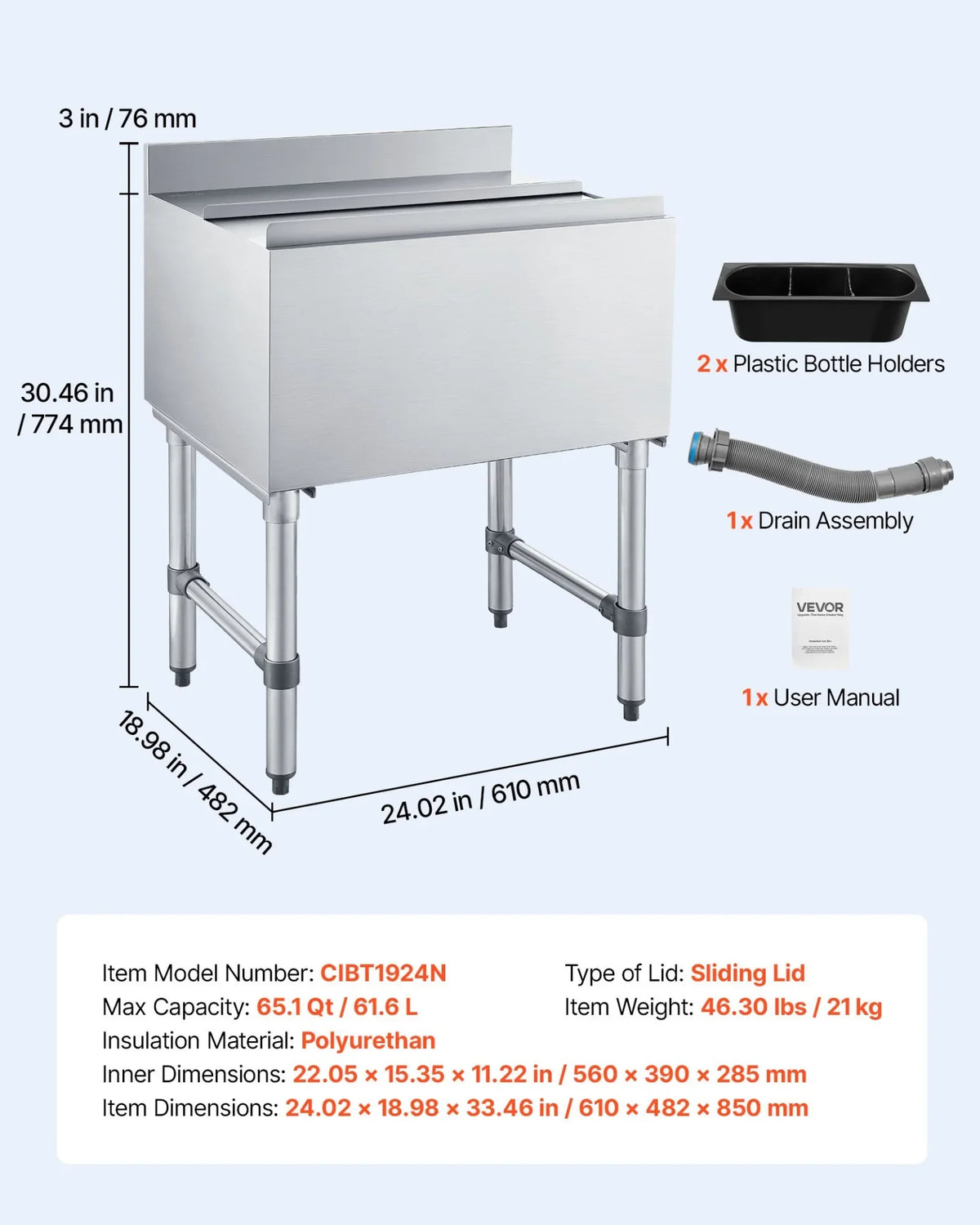 VEVOR Commercial Ice Bin, 65.1 Qt Max Capacity, 24 x 19 x 33 Inch Stainless Steel Ice Chest with Sliding Lid and Bottle Holders, Cooler Cart Cocktail Unit for Bar Restaurant Pub, NSF Certified - View 6