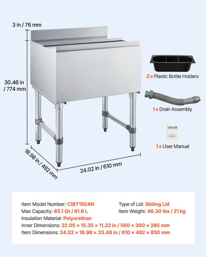 VEVOR Commercial Ice Bin, 65.1 Qt Max Capacity, 24 x 19 x 33 Inch Stainless Steel Ice Chest with Sliding Lid and Bottle Holders, Cooler Cart Cocktail Unit for Bar Restaurant Pub, NSF Certified - View 6