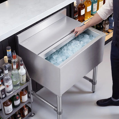 VEVOR Commercial Ice Bin, 65.1 Qt Max Capacity, 24 x 19 x 33 Inch Stainless Steel Ice Chest with Sliding Lid and Bottle Holders, Cooler Cart Cocktail Unit for Bar Restaurant Pub, NSF Certified - View 7