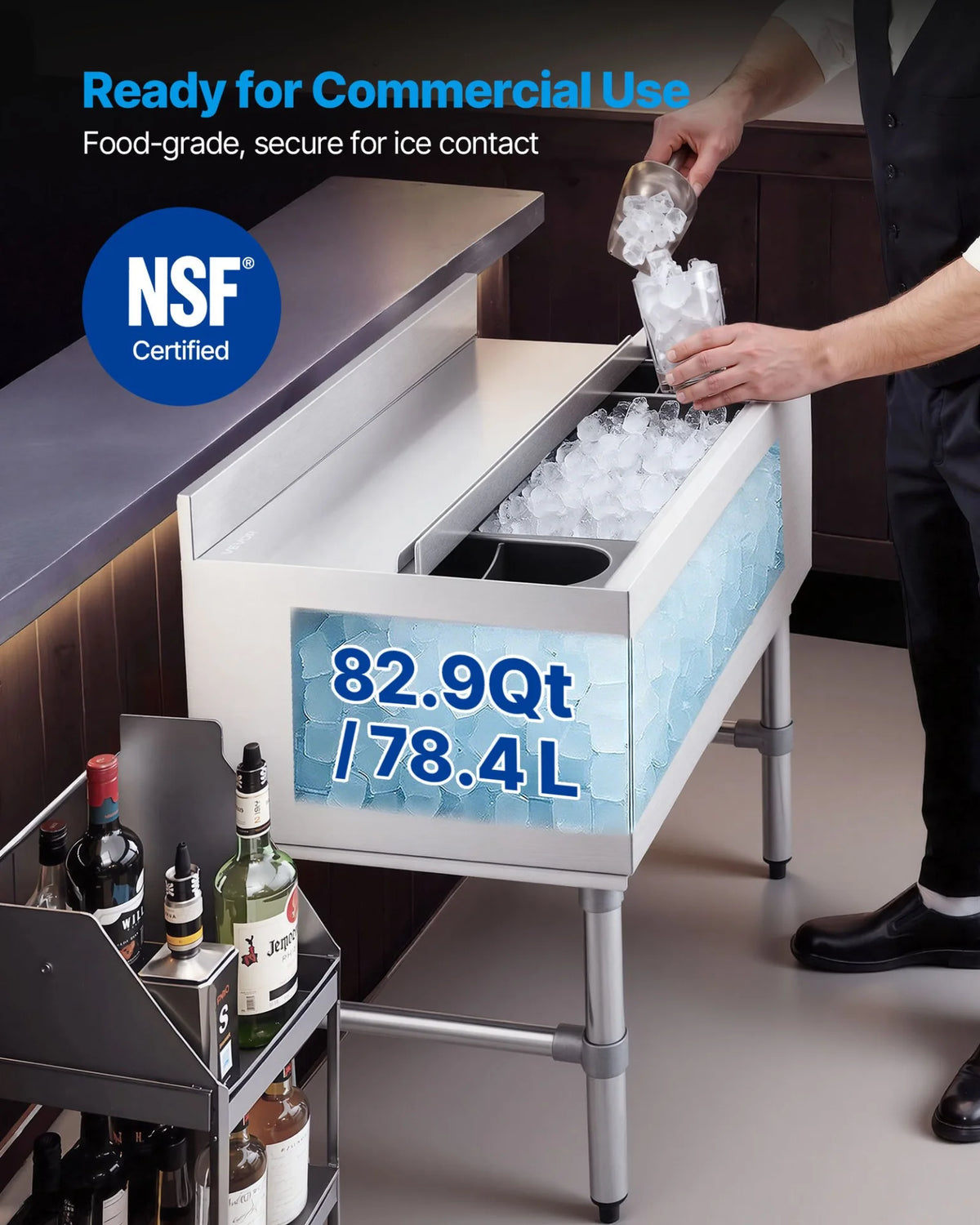 VEVOR Commercial Ice Bin, 82.9 Qt Max Capacity, 30 x 19 x 33 Inch Stainless Steel Ice Chest with Sliding Lid and Bottle Holders, Cooler Cart Cocktail Unit for Bar Restaurant Pub, NSF Certified