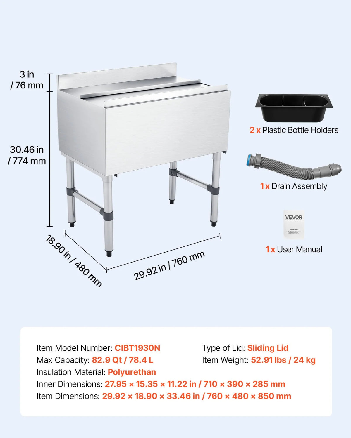 VEVOR Commercial Ice Bin, 82.9 Qt Max Capacity, 30 x 19 x 33 Inch Stainless Steel Ice Chest with Sliding Lid and Bottle Holders, Cooler Cart Cocktail Unit for Bar Restaurant Pub, NSF Certified - View 5