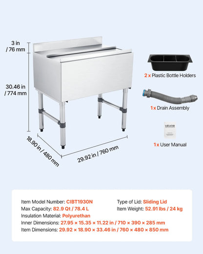 VEVOR Commercial Ice Bin, 82.9 Qt Max Capacity, 30 x 19 x 33 Inch Stainless Steel Ice Chest with Sliding Lid and Bottle Holders, Cooler Cart Cocktail Unit for Bar Restaurant Pub, NSF Certified - View 5
