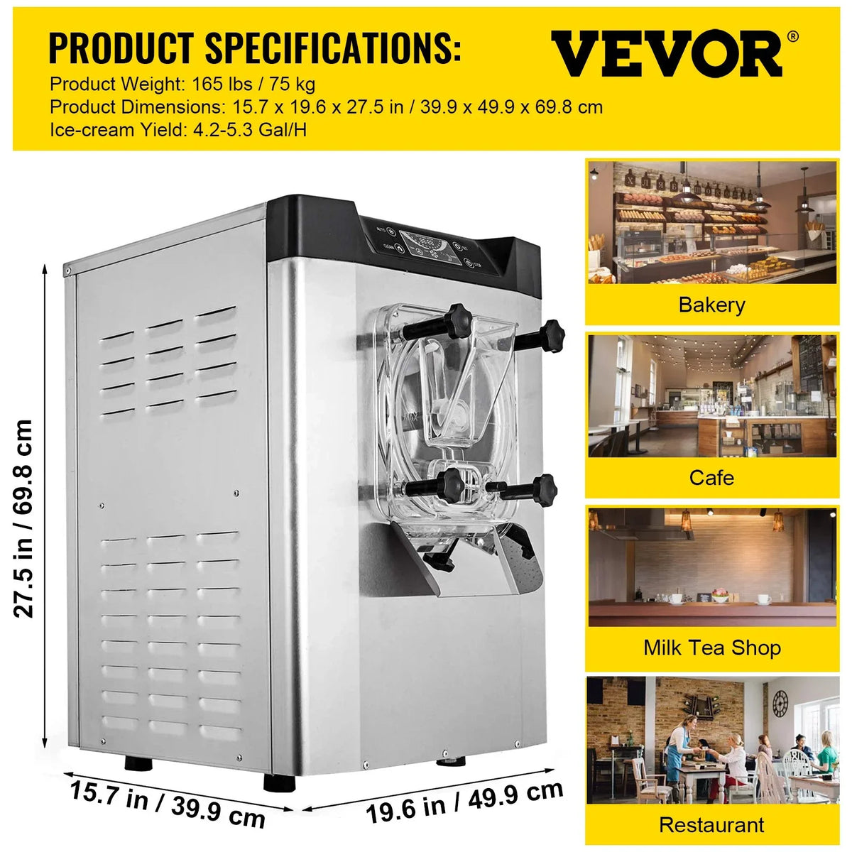 VEVOR Commercial Ice Cream Machine 1400W 20/5.3 Gph Hard Serve Ice Cream Maker with LED Display Screen Auto Shut-Off Timer One Flavors Perfect for Restaurants Snack bar Supermarkets - View 4