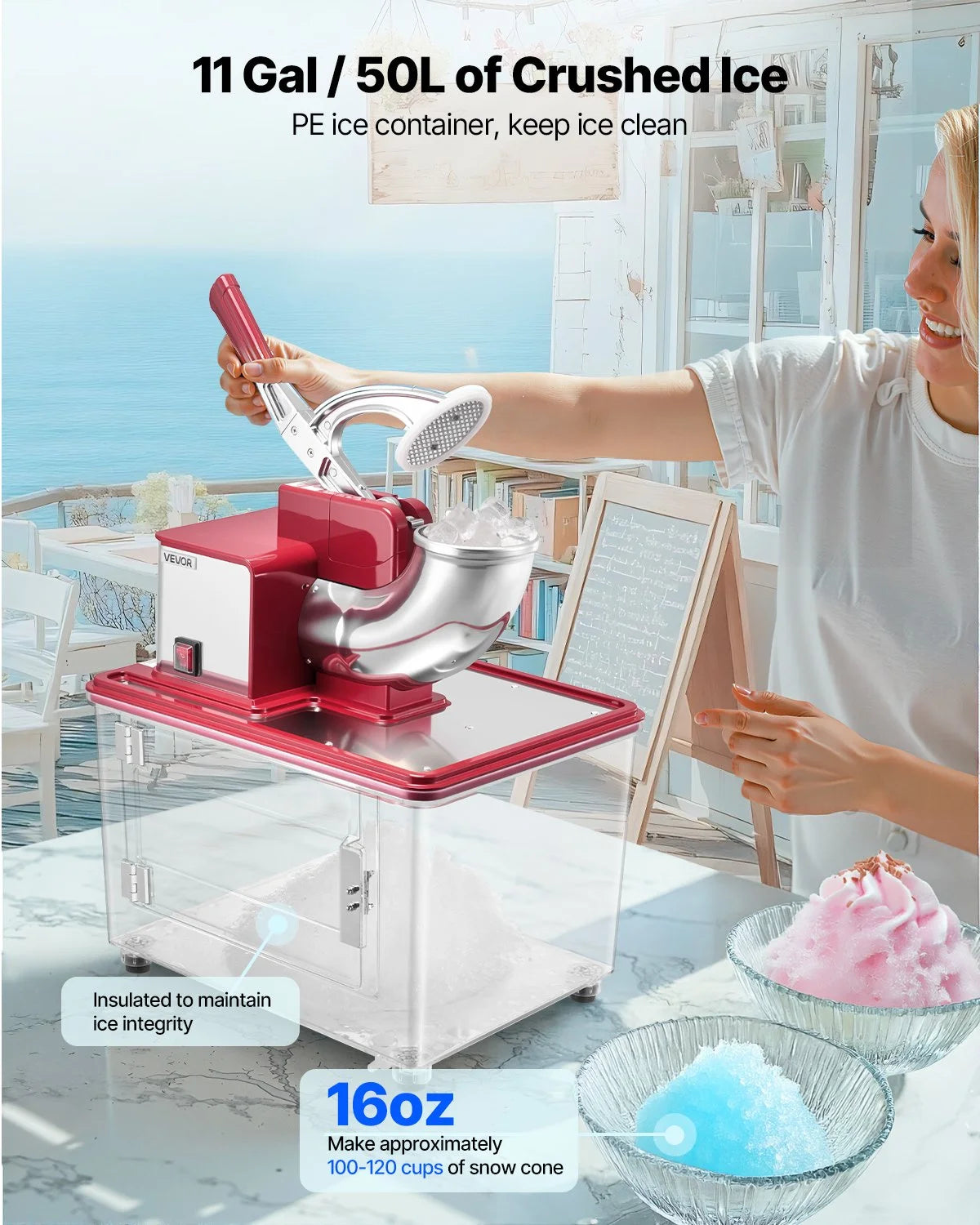 VEVOR Commercial Ice Crusher 661LBS/H, 350W Electric Snow Cone Machine with 4 Blades, 2000RPM Stainless Steel Shaved Ice Machine with 11 Gal Crushed-Ice Box, for Family Restaurants Bars, Red - View 2