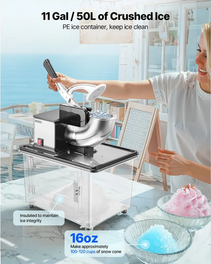 VEVOR Commercial Ice Crusher 661LBS/H, 350W Electric Snow Cone Machine with 4 Blades, 2000RPM Stainless Steel Shaved Ice Machine with 11 Gal Crushed-Ice Box, for Family Restaurants Bars, Black - View 2