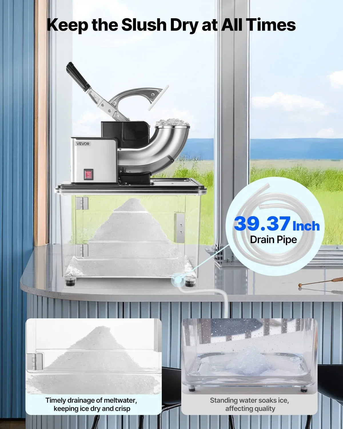 VEVOR Commercial Ice Crusher 661LBS/H, 350W Electric Snow Cone Machine with 4 Blades, 2000RPM Stainless Steel Shaved Ice Machine with 11 Gal Crushed-Ice Box, for Family Restaurants Bars, Black - View 3