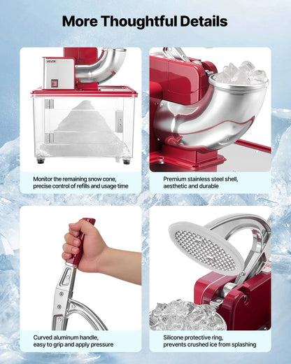 VEVOR Commercial Ice Crusher 661LBS/H, 350W Electric Snow Cone Machine with 4 Blades, 2000RPM Stainless Steel Shaved Ice Machine with 11 Gal Crushed-Ice Box, for Family Restaurants Bars, Red - View 4
