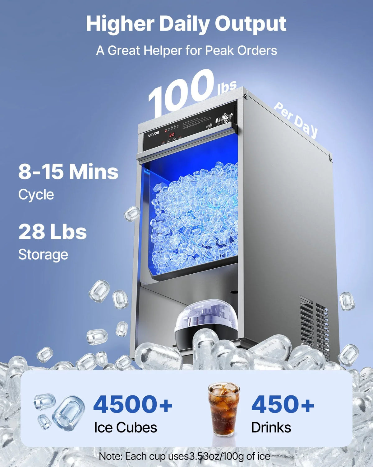 VEVOR Commercial Ice Maker Machine, 100 lbs/24h with 30-35 lbs Storage, Built-in/Freestanding/Under Counter, Stainless Steel Ice Maker with LED Display & Self-Cleaning, for Home Bar Restaurant - View 2