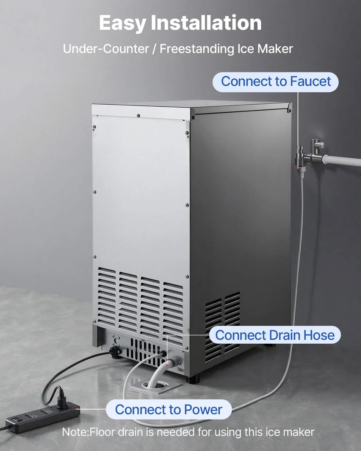 VEVOR Commercial Ice Maker Machine, 100 lbs/24h with 30-35 lbs Storage, Built-in/Freestanding/Under Counter, Stainless Steel Ice Maker with LED Display & Self-Cleaning, for Home Bar Restaurant - View 6