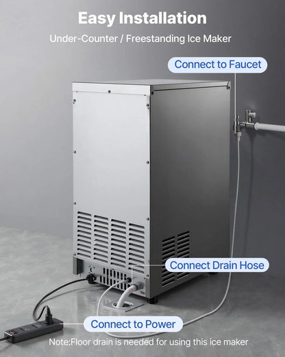 VEVOR Commercial Ice Maker Machine, 100 lbs/24h with 30-35 lbs Storage, Built-in/Freestanding/Under Counter, Stainless Steel Ice Maker with LED Display & Self-Cleaning, for Home Bar Restaurant - View 6