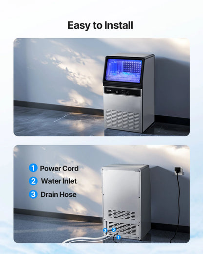 VEVOR Commercial Ice Maker Machine, 120Lbs/24H with 33Lbs Storage, 45 Cubes per Cycle, Stainless Steel Freestanding & Under Counter Ice Maker with LED Display & Self-Cleaning, for Home Bar Restaurant - View 6
