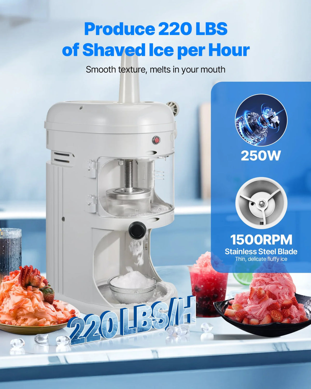 VEVOR Commercial Ice Shaver Crusher, 220lbs/hr Electric Fluffy Ice & Snow Cone Machine, 250W 1500RPM Tabletop Fluffy Shaved-Ice Machine for Parties Events Snack Bar, Home and Commercial Use (White)