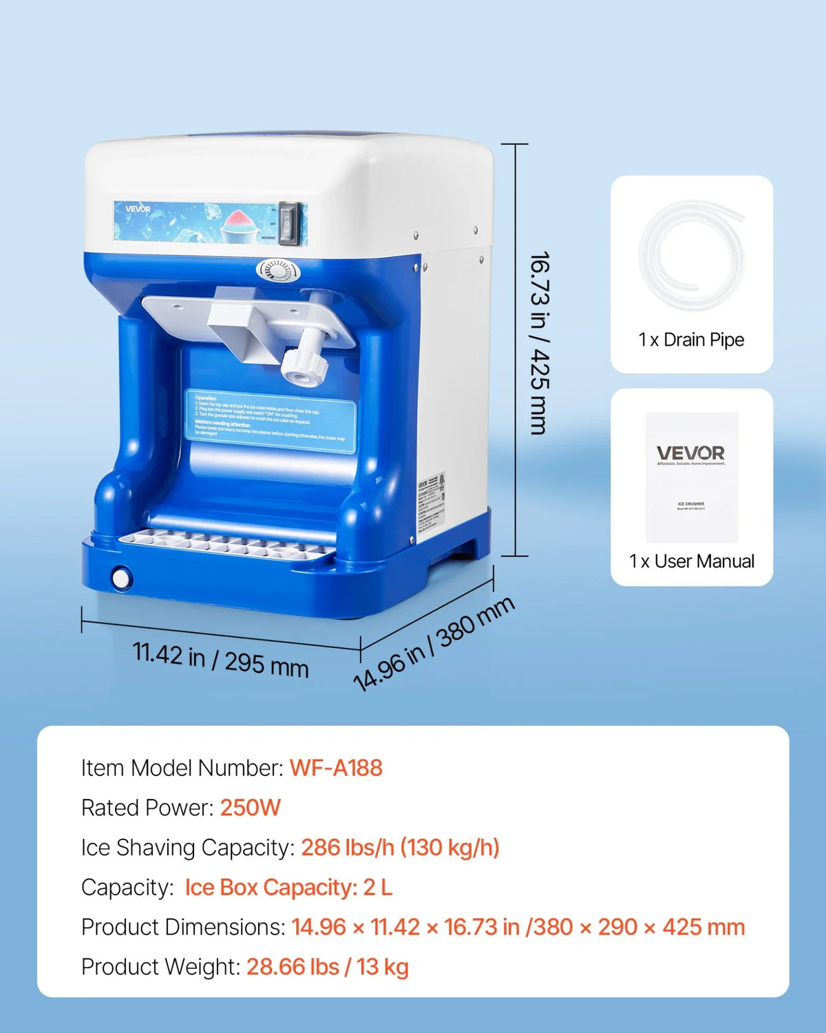 VEVOR Commercial Ice Shaver Crusher, 286lbs Per Hour Electric Snow Cone Maker with 2L Ice Cube Box, 250W 1500RPM Tabletop Shaved Ice Machine for Parties Events Snack Bar, Home and Commercial Use (Blue) - View 6