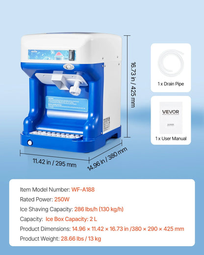 VEVOR Commercial Ice Shaver Crusher, 286lbs Per Hour Electric Snow Cone Maker with 2L Ice Cube Box, 250W 1500RPM Tabletop Shaved Ice Machine for Parties Events Snack Bar, Home and Commercial Use (Blue) - View 6