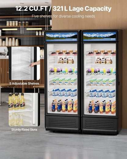 VEVOR Commercial Merchandiser Refrigerator, 12.2 CU.FT Glass Door Display Refrigerator, Beverage Refrigerator Cooler Merchandiser with Adjustable Shelves, Soft LED Light, Customizable Lightbox, Black - View 11