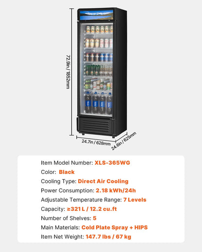 VEVOR Commercial Merchandiser Refrigerator, 12.2 CU.FT Glass Door Display Refrigerator, Beverage Refrigerator Cooler Merchandiser with Adjustable Shelves, Soft LED Light, Customizable Lightbox, Black - View 14