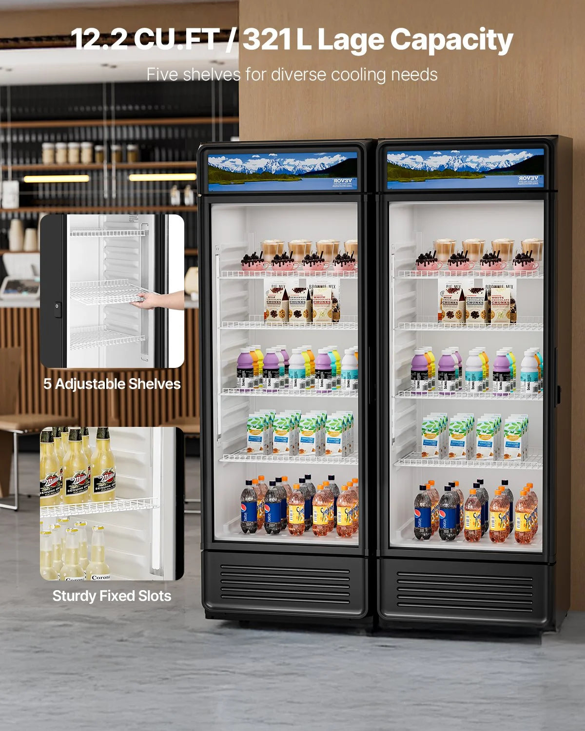 VEVOR Commercial Merchandiser Refrigerator, 12.2 CU.FT Glass Door Display Refrigerator, Beverage Refrigerator Cooler Merchandiser with Adjustable Shelves, Soft LED Light, Customizable Lightbox, Black
