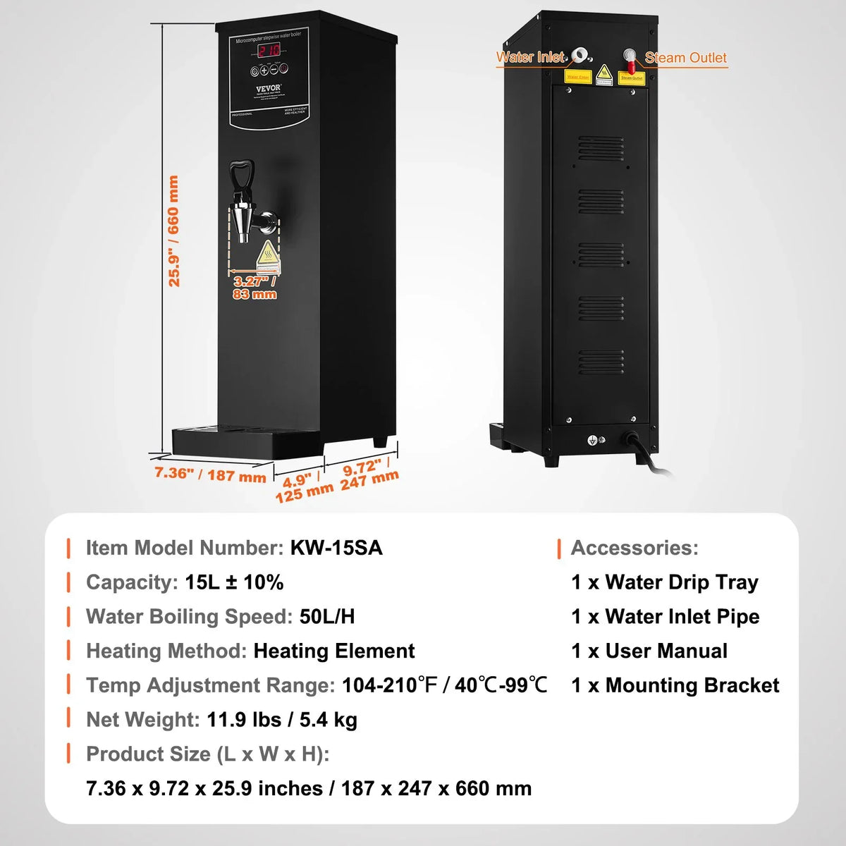 VEVOR Commercial Water Boiler, Electric Hot Water Dispenser with 316 Stainless Steel Heating Tube, 1500W Step-by-step Fast Heating 50L per Hour Hot Water Boiler, for Coffee Tea Restaurant Office - View 6