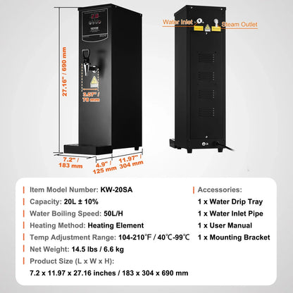 VEVOR Commercial Water Boiler, Electric Hot Water Dispenser with 316 Stainless Steel Heating Tube, 1500W Step-by-step Fast Heating 50L per Hour Hot Water Boiler, for Coffee Tea Restaurant Office - View 6