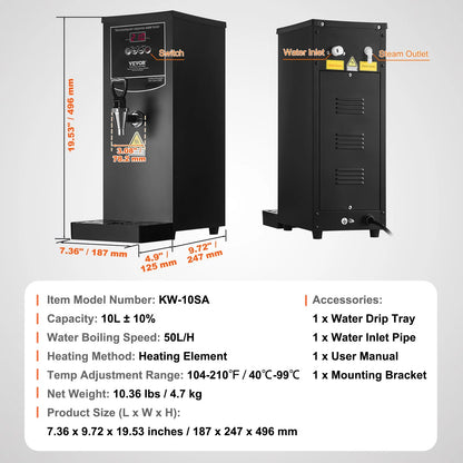 VEVOR Commercial Water Boiler, Electric Hot Water Dispenser with 316 Stainless Steel Heating Tube, 1500W Step-by-step Fast Heating 50L per Hour Hot Water Boiler, for Coffee Tea Restaurant Office - View 6