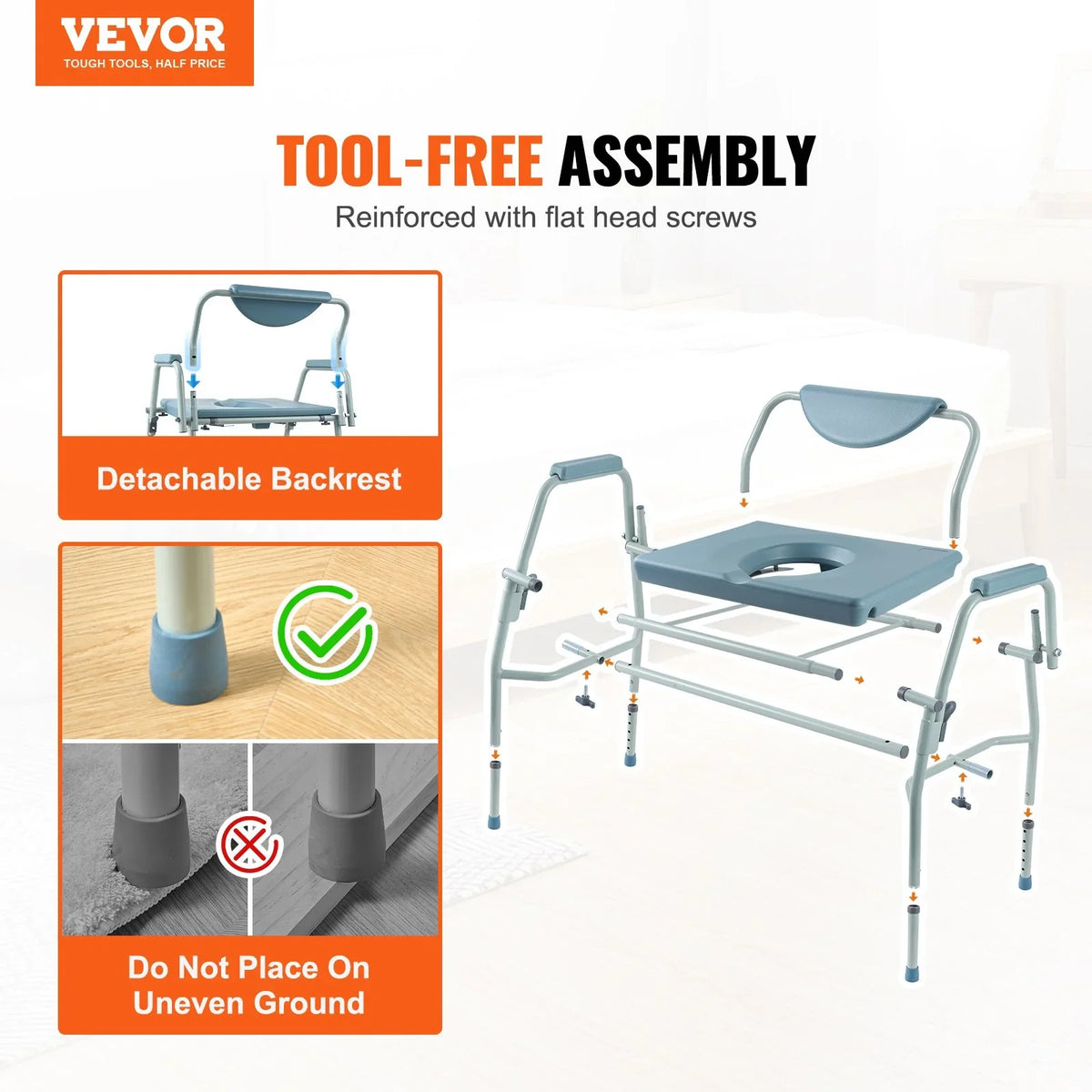 VEVOR Commode Chair, Bedside Commode with Drop-Down Arms and Detachable Backrest, 5-Level Adjustable Height, 7L Removable Bucket, Easy to Assemble, 1000LBS Capacity, Portable Toilet for Adults Seniors - View 6
