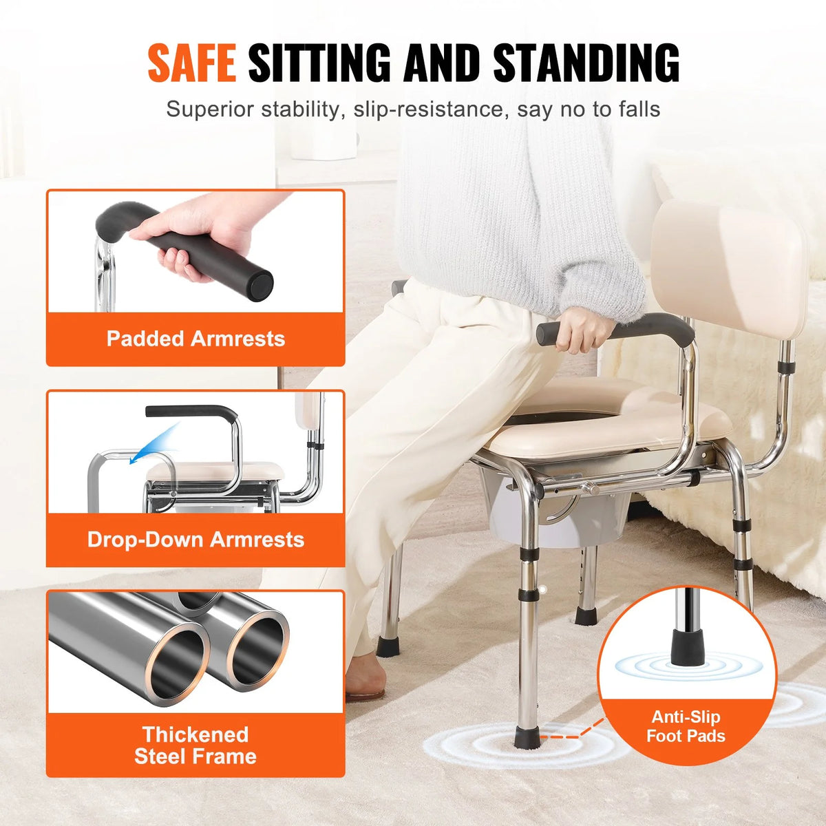 VEVOR Commode Chair, Bedside Commode with Padded Seat, Drop-Down Arms, 7-Level Adjustable Height, 5.8L Removable Bucket, Easy to Assemble, 350LBS Capacity, Portable Toilet for Adults Seniors - View 3