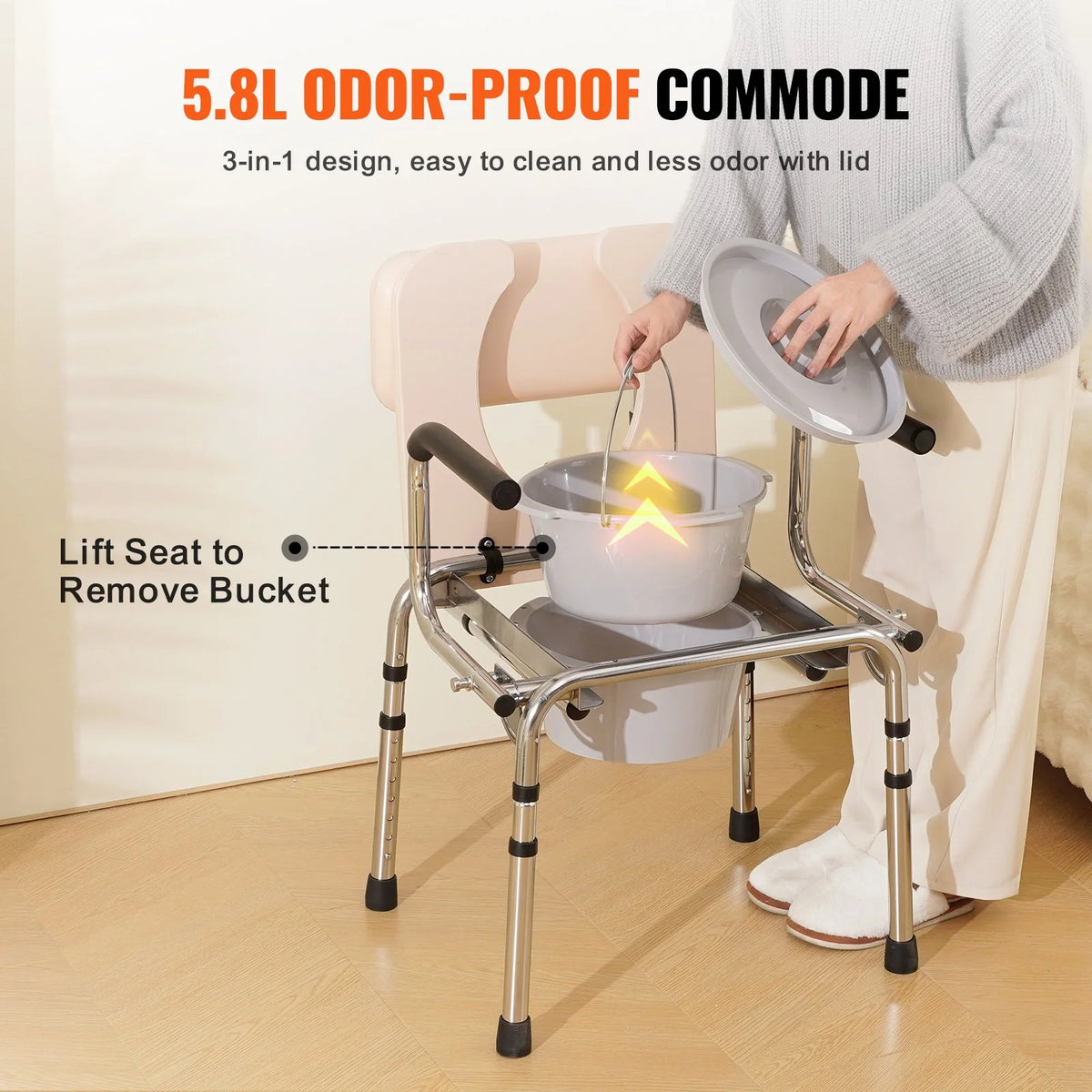 VEVOR Commode Chair, Bedside Commode with Padded Seat, Drop-Down Arms, 7-Level Adjustable Height, 5.8L Removable Bucket, Easy to Assemble, 350LBS Capacity, Portable Toilet for Adults Seniors - View 6