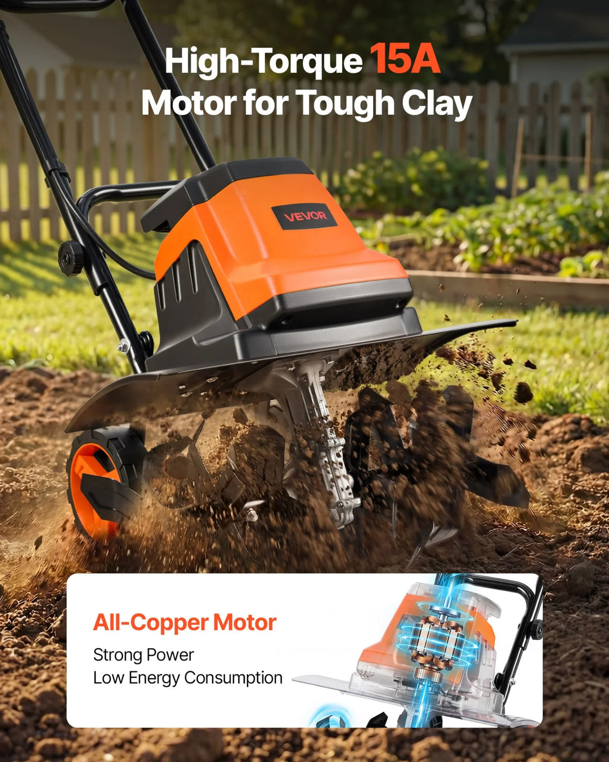 VEVOR Corded Electric Tiller, 18 Inch Tilling Width Garden Rototiller, 15-Amp Motor Heavy-Duty Tilling Machine, Cultivator with Steel Tines and Foldable Handle, for Lawn, Yard, and Gardening Care