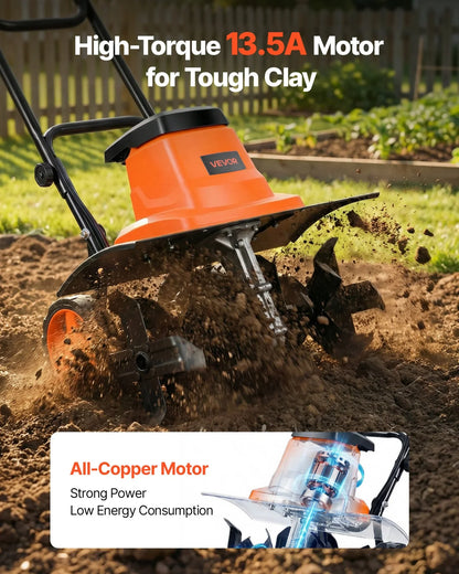 VEVOR Corded Electric Tiller, 18 Inch Tilling Width Garden Rototiller, 13.5-Amp Motor Heavy-Duty Tilling Machine, Cultivator with Steel Tines and Foldable Handle, for Lawn, Yard, and Gardening Care