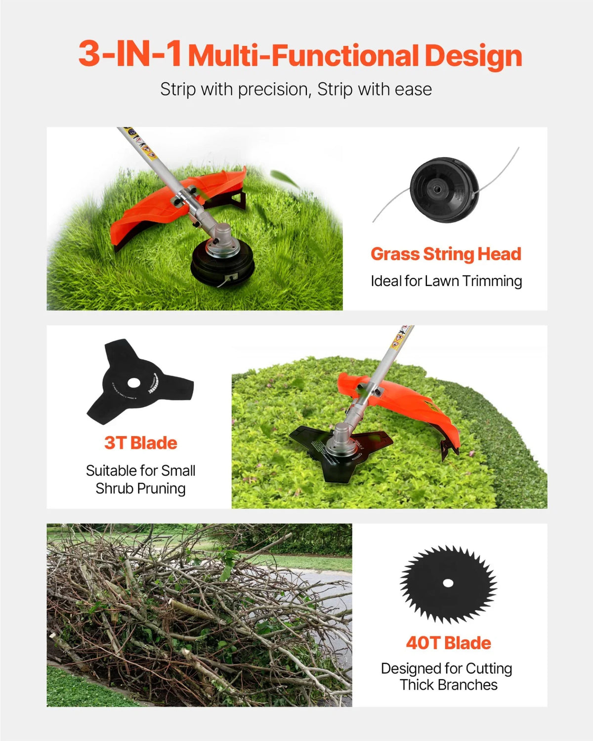 VEVOR Cordless String Trimmer, 43 cc 2-Stroke, Gas Powered Weed Wacker, 17" Cordless Grass Trimmer, Multi-Functional Lawn Edger with Shoulder Strap & 3T Blade, Weed Eater for Quick Grass Cleaning - View 2