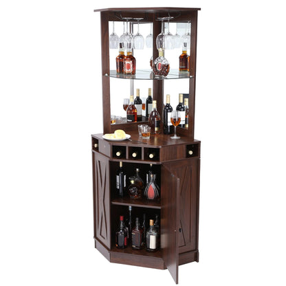 VEVOR Corner Industrial Bar Cabinet, Wine Table for Liquor & Glasses, Sideboard Buffet Cabinet with Glass Holder, Freestanding Farmhouse Wood Coffee Bar Cabinet for Living Room, Home Bar, Black Walnut - View 10