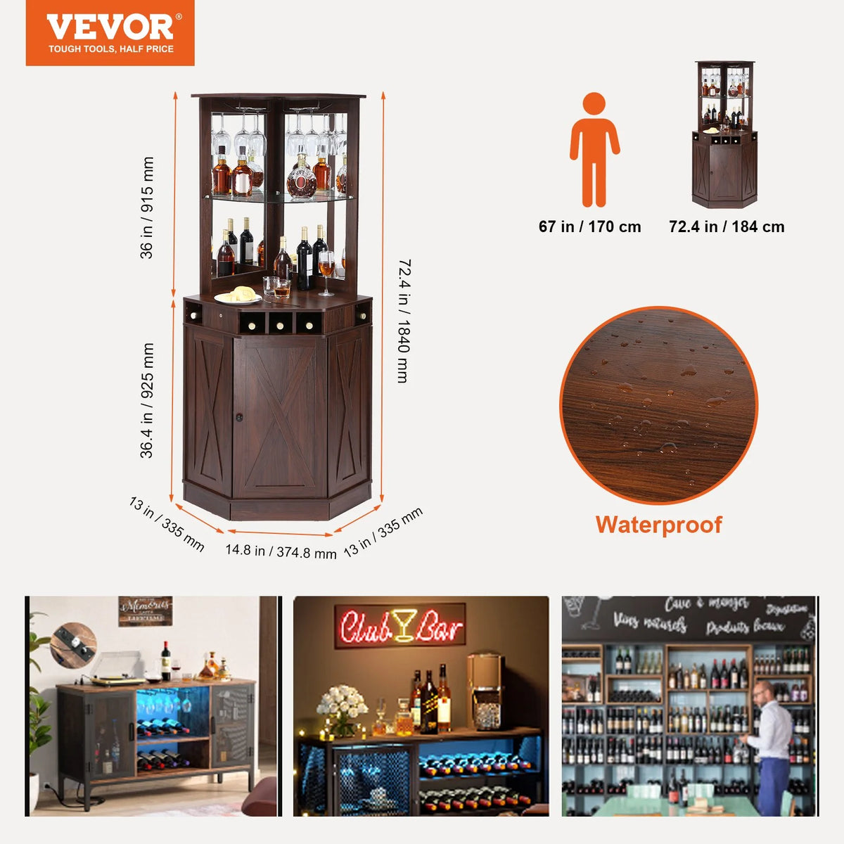 VEVOR Corner Industrial Bar Cabinet, Wine Table for Liquor & Glasses, Sideboard Buffet Cabinet with Glass Holder, Freestanding Farmhouse Wood Coffee Bar Cabinet for Living Room, Home Bar, Black Walnut - View 6
