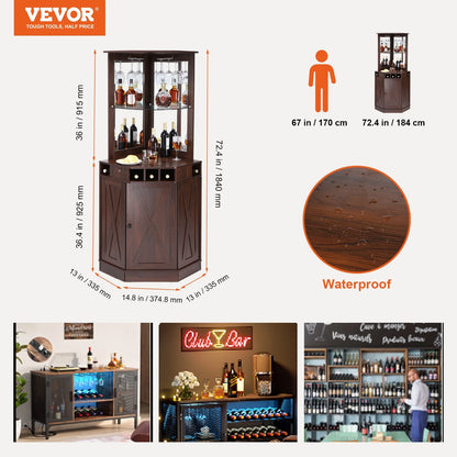 VEVOR Corner Industrial Bar Cabinet, Wine Table for Liquor & Glasses, Sideboard Buffet Cabinet with Glass Holder, Freestanding Farmhouse Wood Coffee Bar Cabinet for Living Room, Home Bar, Black Walnut - View 6