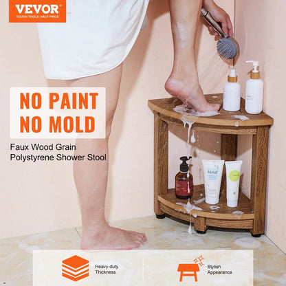 VEVOR Corner Shower Bench, 16.5" Height 12.8" Radius, Faux Wood Grain Polystyrene, 350 LBS with Storage Shelf, Water Resistant, Shower Stool for Inside & Outside Shower, for Bathroom, Living Room - View 10