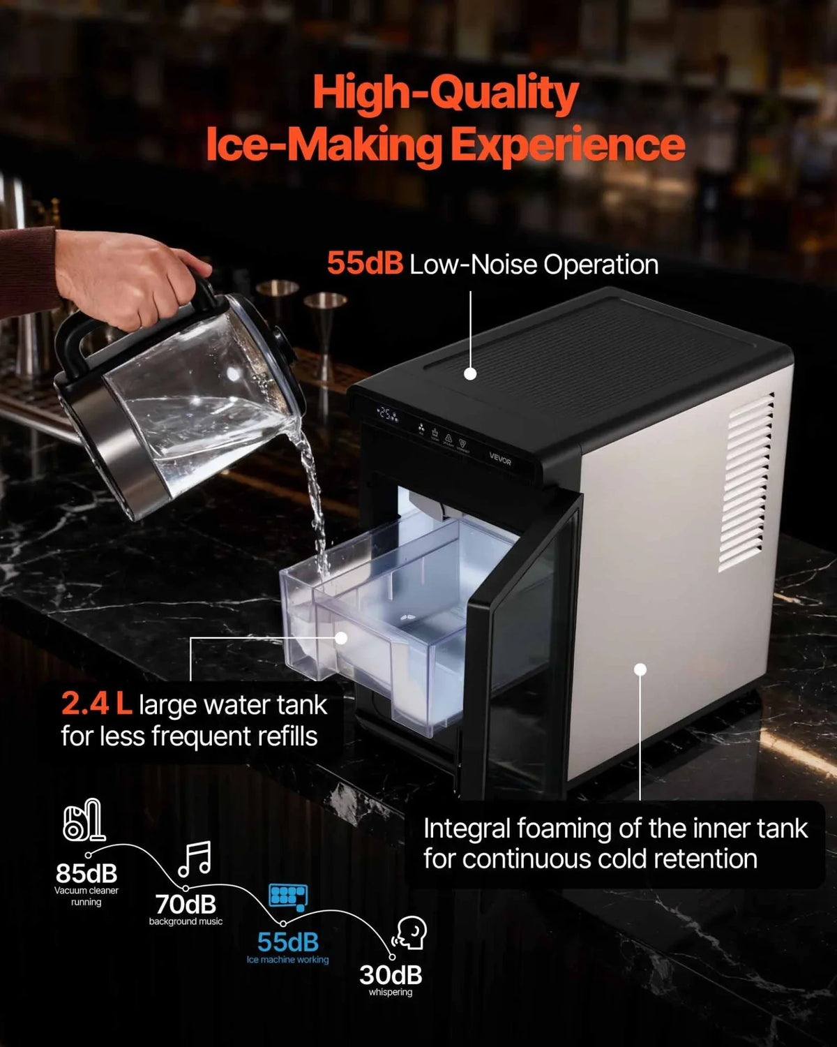VEVOR Countertop Ice Maker, 22 lbs per Day, Self-Cleaning Portable Machine with Tong, Drawer-Style Ice Access, Ice-Making Machine with Large Square Cubes, for Home, Kitchen, Office, Bar & Party - View 5