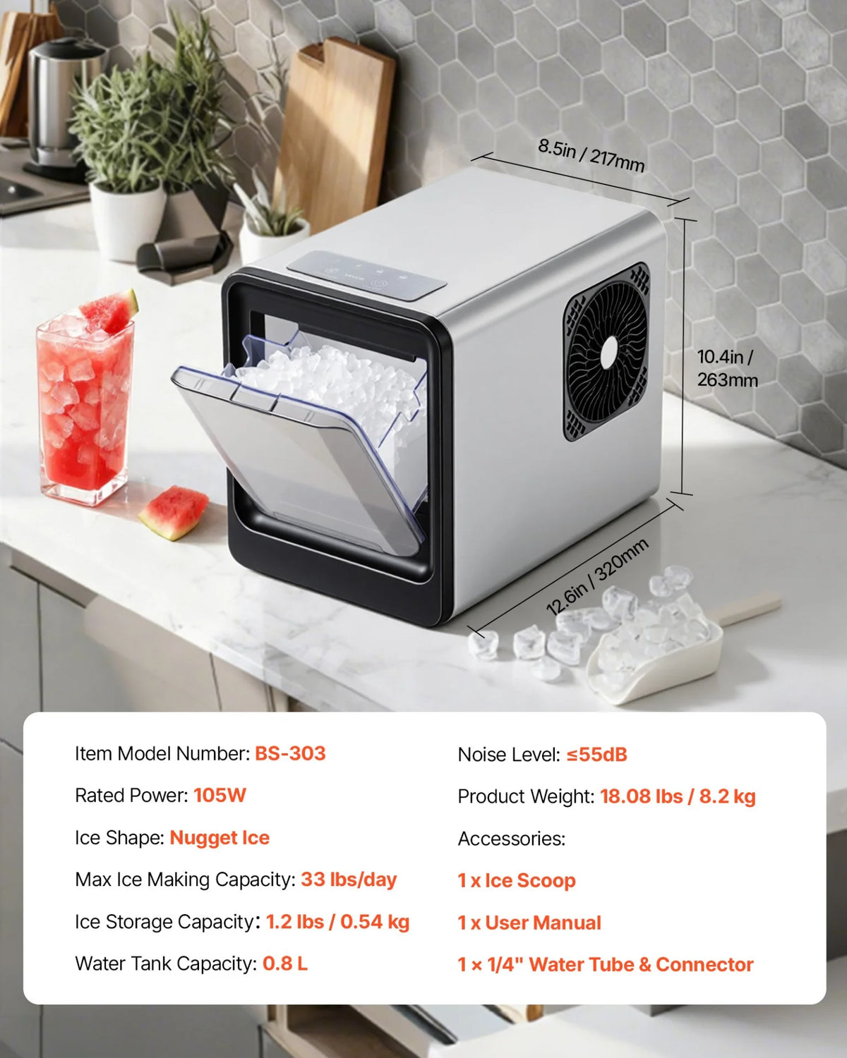 VEVOR Countertop Ice Maker, 33 lbs per Day, Self-Cleaning Portable Machine with Scoop, Drawer-Style Ice Access, Nugget Ice-Making Machine with Chewable Ices for Home, Kitchen, Office, Bar & Party - View 6