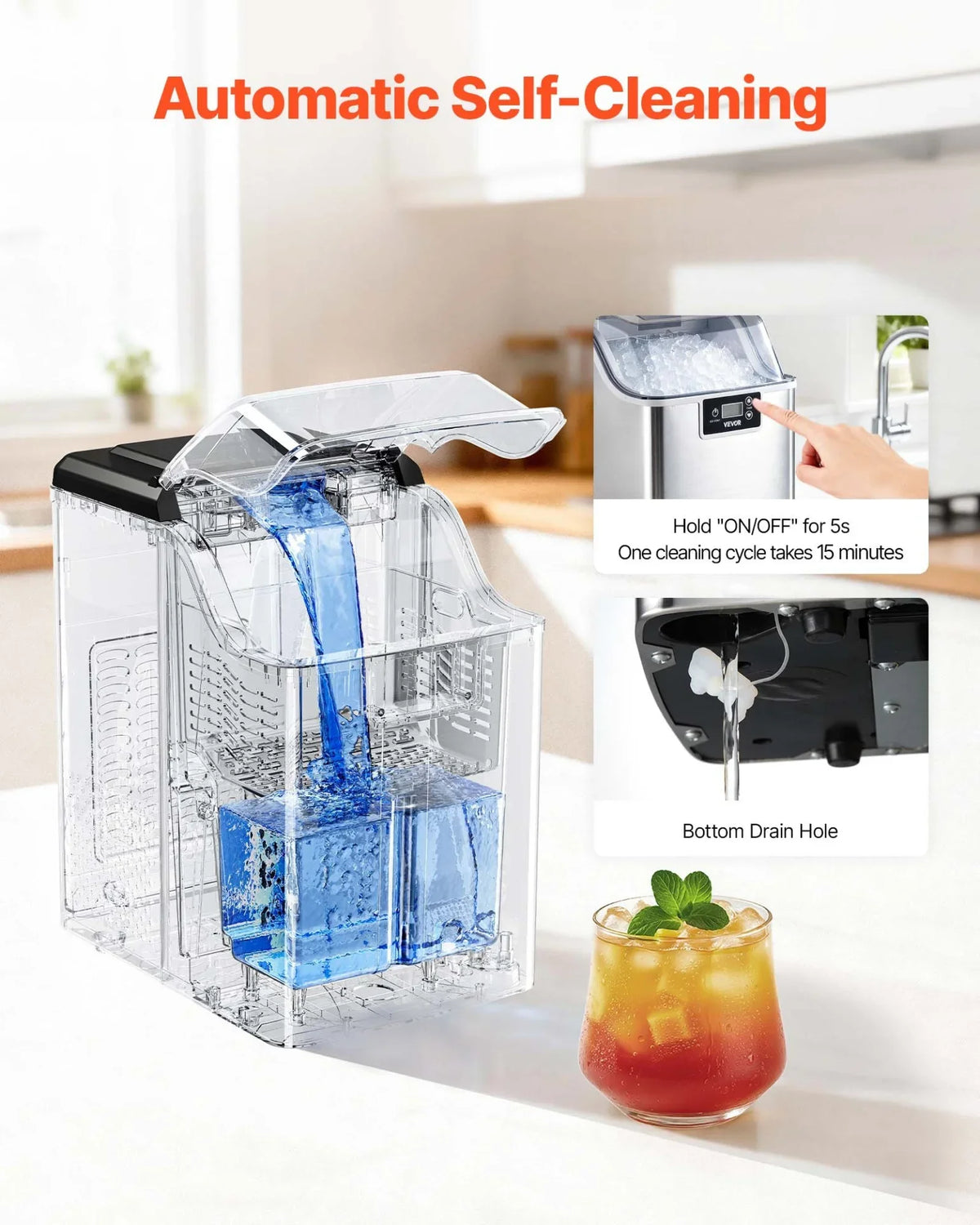 VEVOR Countertop Ice Maker, 44 lbs per Day, Self-Cleaning Portable Machine with Scoop, 4 lbs Ice-Storage Basket, Nugget Ice-Making Machine with Chewable Ices for Home, Kitchen, Office, Bar & Party - View 4