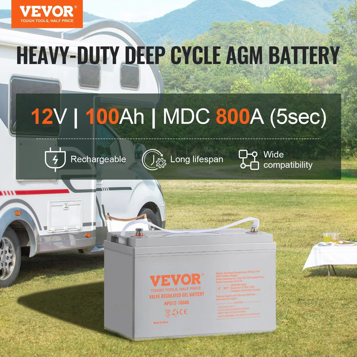 VEVOR Deep Cycle Battery, 12V 100 AH, AGM Marine Rechargeable Battery, High Self-Discharge Rate 800A Current, for RV Solar Marine Off-Grid Applications UPS Backup Power System