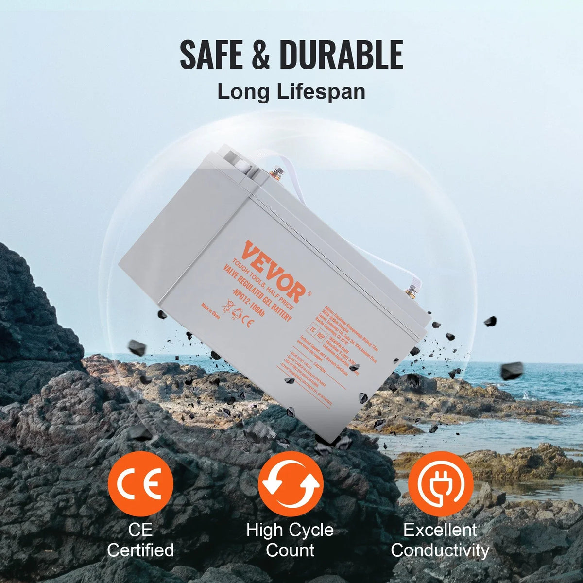 VEVOR Deep Cycle Battery, 12V 100 AH, AGM Marine Rechargeable Battery, High Self-Discharge Rate 800A Current, for RV Solar Marine Off-Grid Applications UPS Backup Power System - View 3