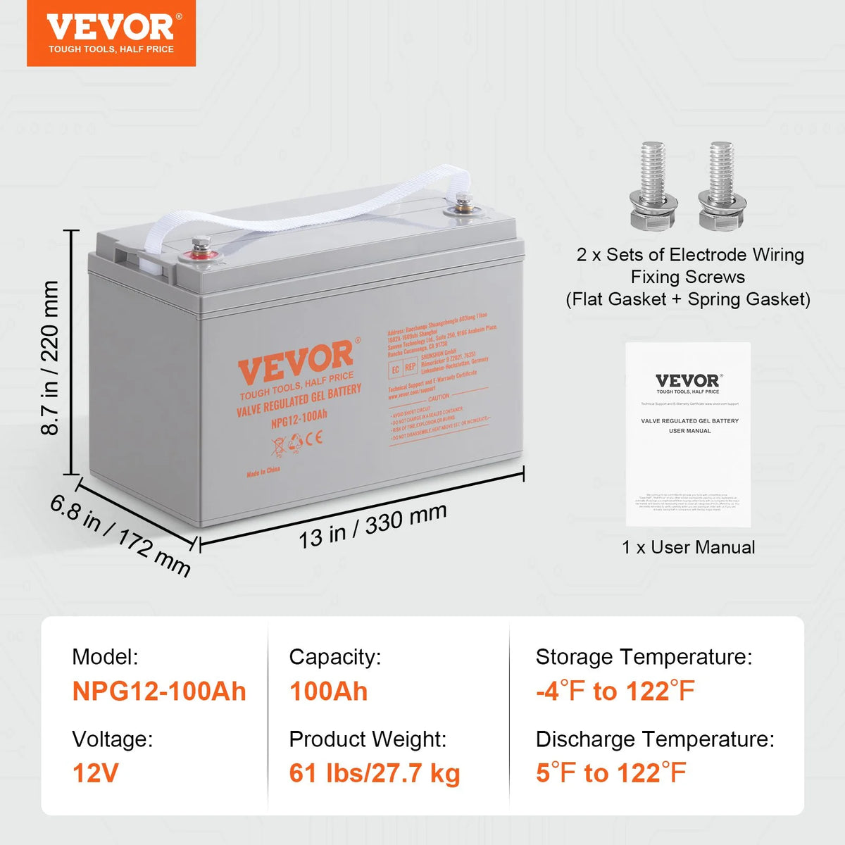 VEVOR Deep Cycle Battery, 12V 100 AH, AGM Marine Rechargeable Battery, High Self-Discharge Rate 800A Current, for RV Solar Marine Off-Grid Applications UPS Backup Power System - View 6