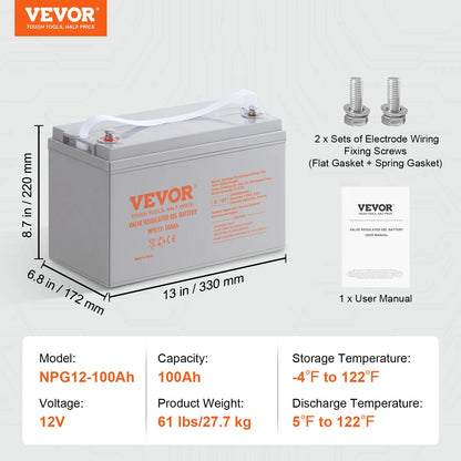 VEVOR Deep Cycle Battery, 12V 100 AH, AGM Marine Rechargeable Battery, High Self-Discharge Rate 800A Current, for RV Solar Marine Off-Grid Applications UPS Backup Power System - View 6